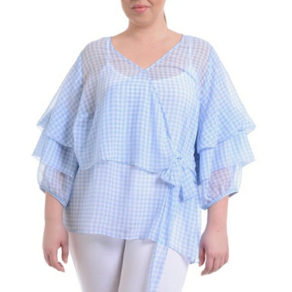 Worthington Swiss Blue and White Gingham Sheer Poet Sleeve Wrap Blouse - Picture 1 of 5